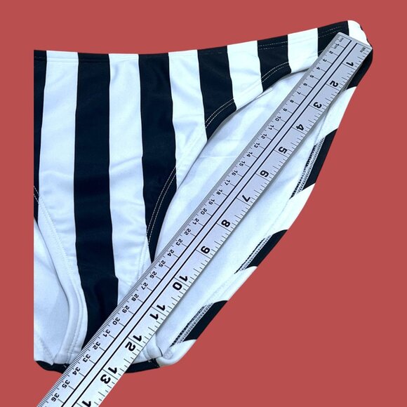 Shade & Shore-Women's Striped Medium Coverage Bikini Bottom-White/Black-L(12-14) - Picture 7 of 14